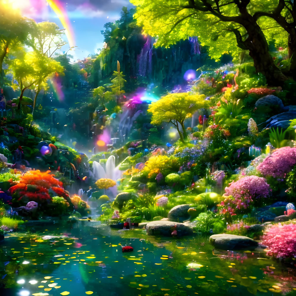 Colorful Fantasy Garden with Waterfall, Rainbow, and Glowing Orbs