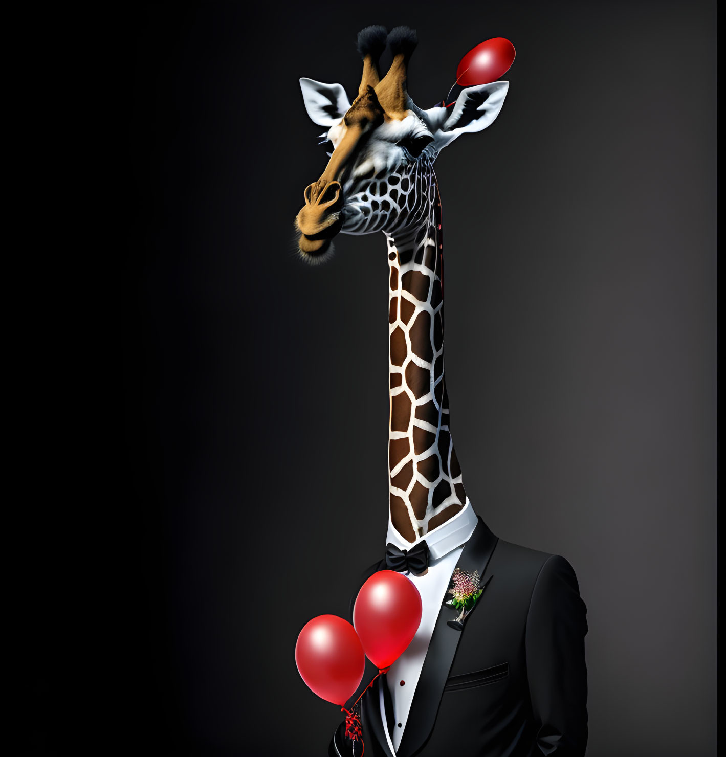 Surrealist image: Giraffe head on human body in tuxedo with red balloons