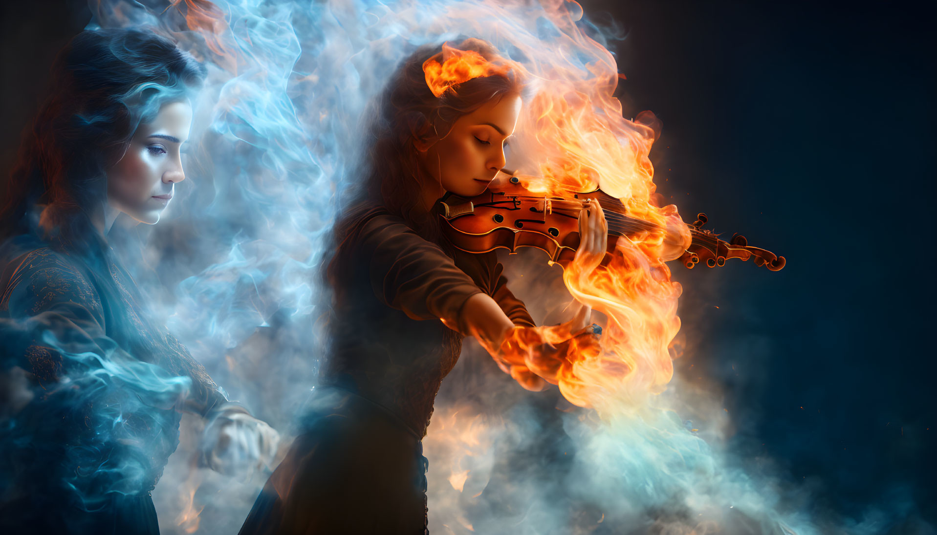 Woman playing flaming violin with ghostly reflection on dark background