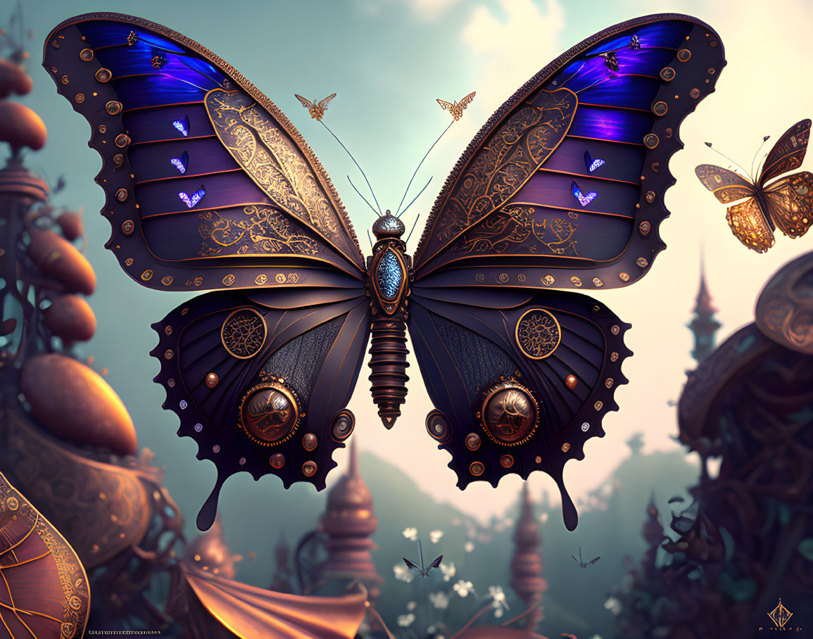 Steampunk-style butterfly with intricate mechanical wings in whimsical setting