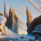 Fantastical landscape with towering columnar structures in dreamy sky