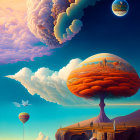 Surreal landscape featuring orange tree, ethereal fabric, orbs, and cosmic backdrop