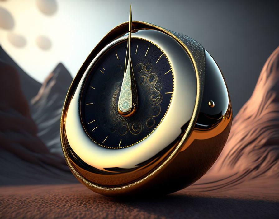 Intricate spherical golden clock in surreal desert landscape