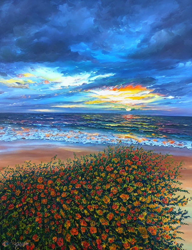 Colorful seascape painting: sunset, vibrant clouds, blue waves, orange flowers.