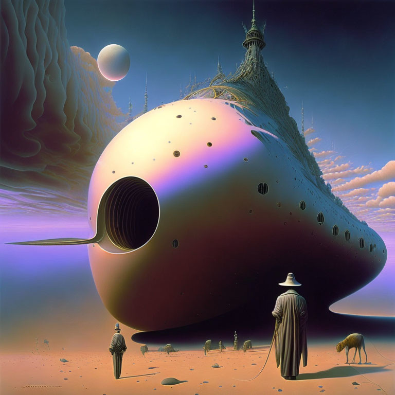 Surreal artwork: Oval structure, tower, cloaked figure, humanoids, sheep, desert