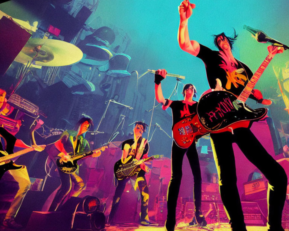 Vibrant purple and yellow-lit animated rock band performance