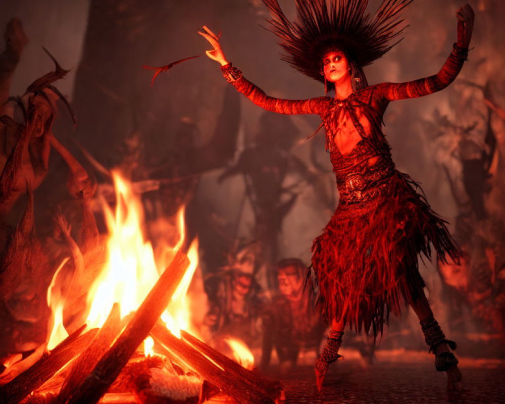 Person in tribal attire dances around bonfire in dim ambiance