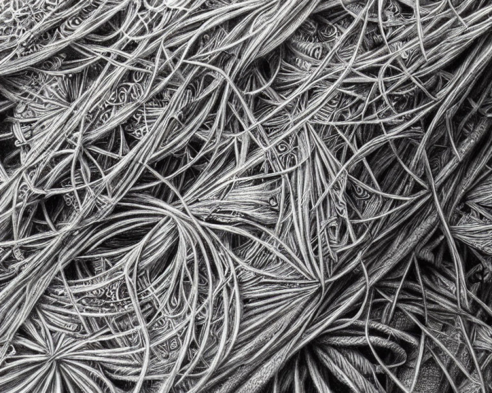Detailed pencil drawing of intricate textured strands and fibers with impressive shading and patterns.