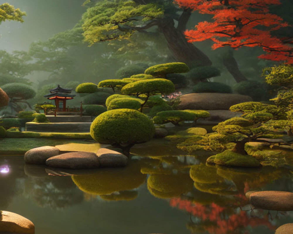 Japanese Garden with Manicured Bushes, Red Maple, Pond, Stepping Stones, and Tor