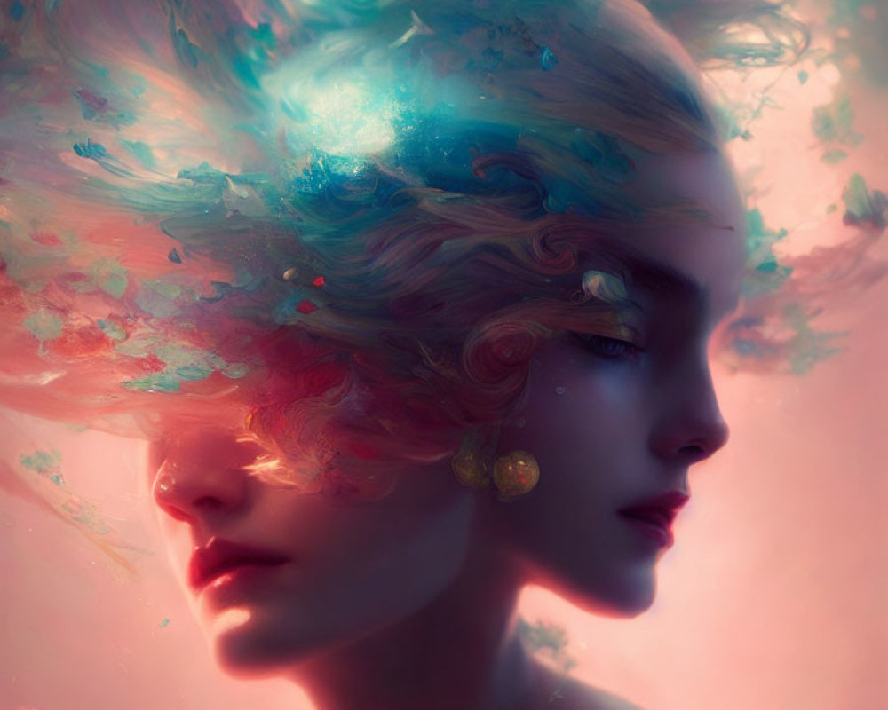 Colorful surreal portrait of woman with paint-like hair in dreamy background