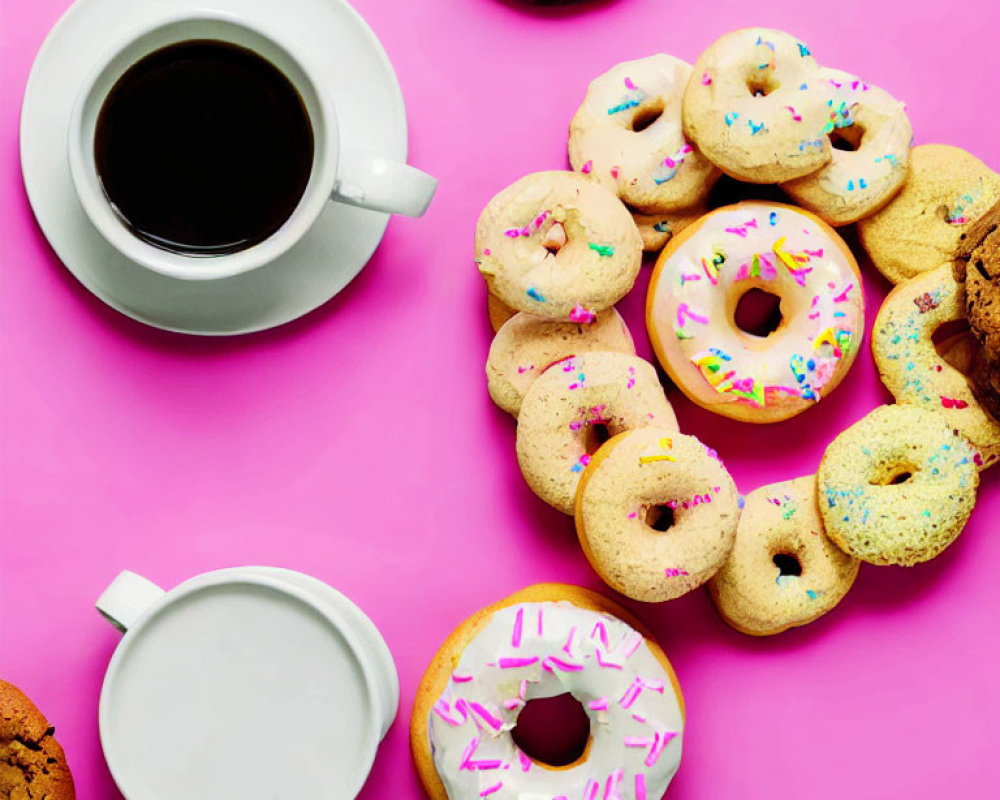 Colorful Donuts, Cookies, Black Coffee, and Milk on Pink Background
