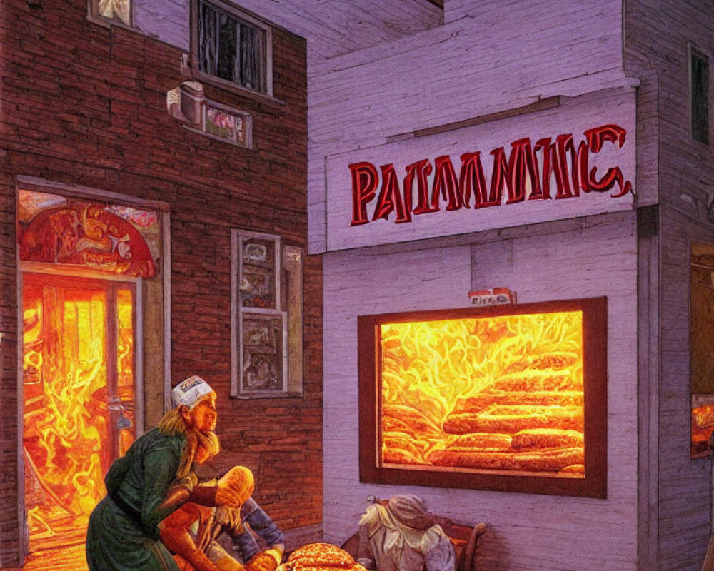 Illustration of a bakery scene with bakers and oversized loaves in warm glow