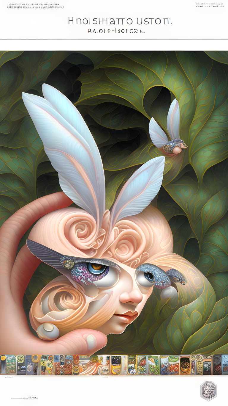 Surreal artwork: Stylized female face with floral motifs, butterfly, bird, and foliage