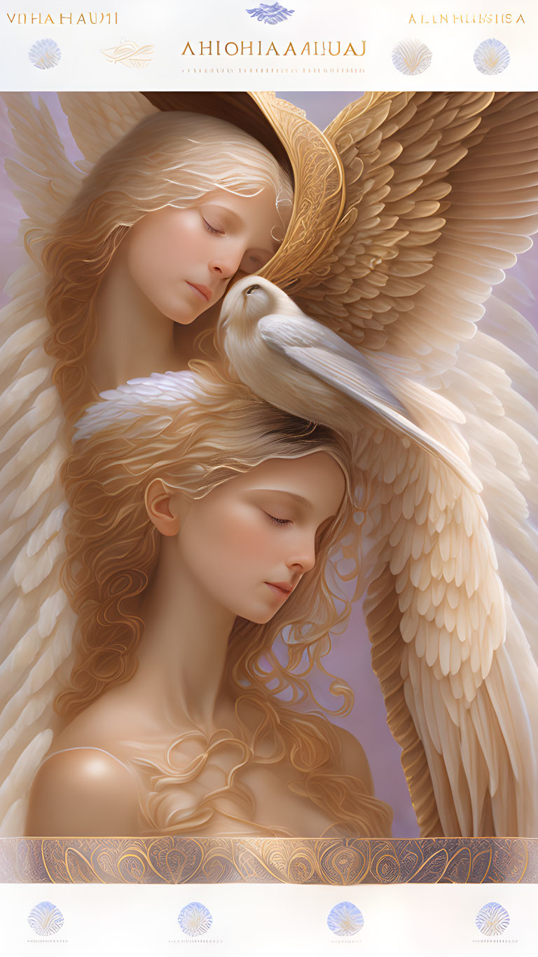 Illustration of angelic figures with golden wings and a white bird