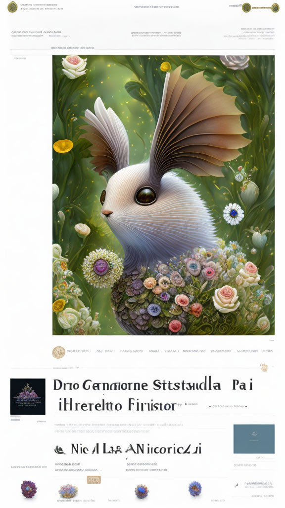 Whimsical rabbit-bird creature in ethereal garden with flowers and orbs