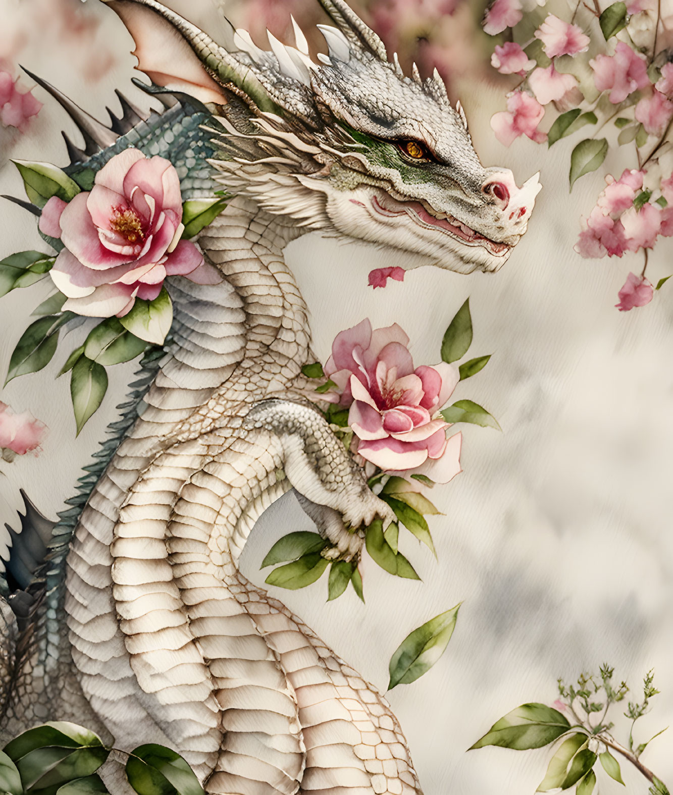 Detailed Dragon Illustration Among Pink Blooms and Textured Scales