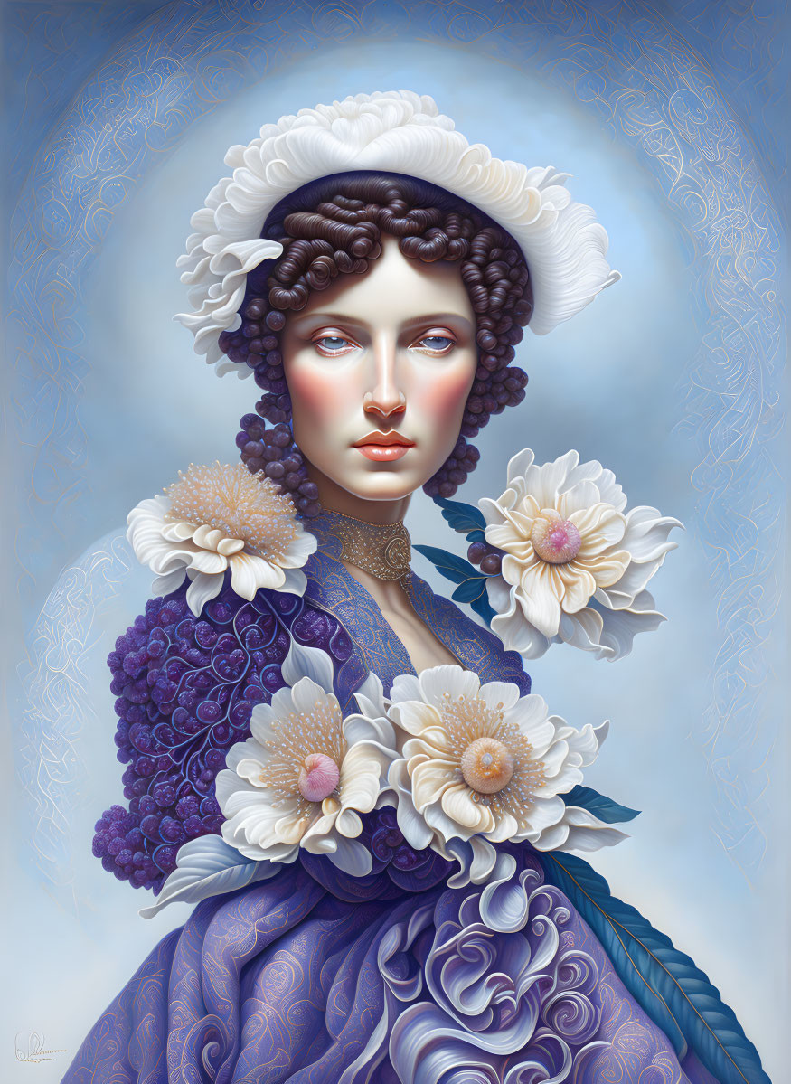 Portrait of Woman with White Headwear, Purple Flowers, and Blue Dress