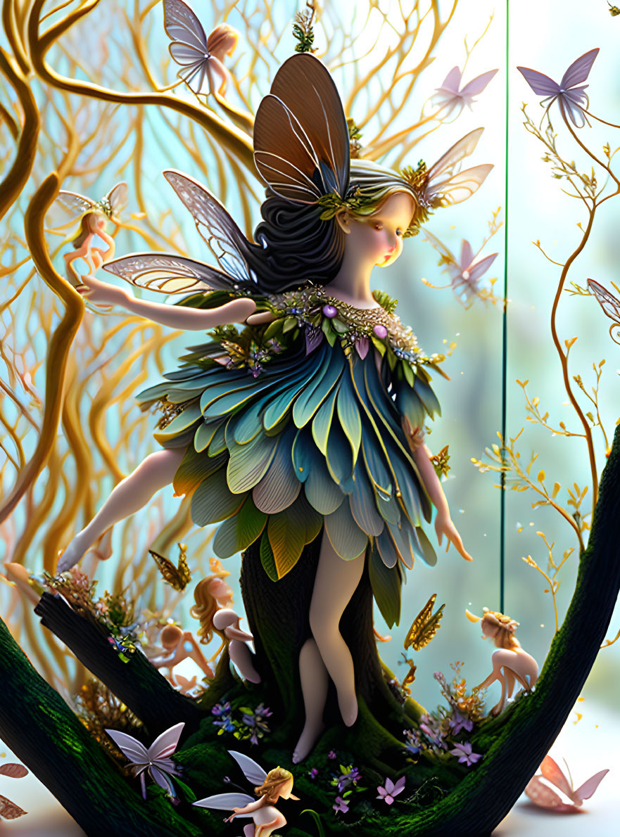 Colorful fairy with multicolored wings in whimsical forest scene