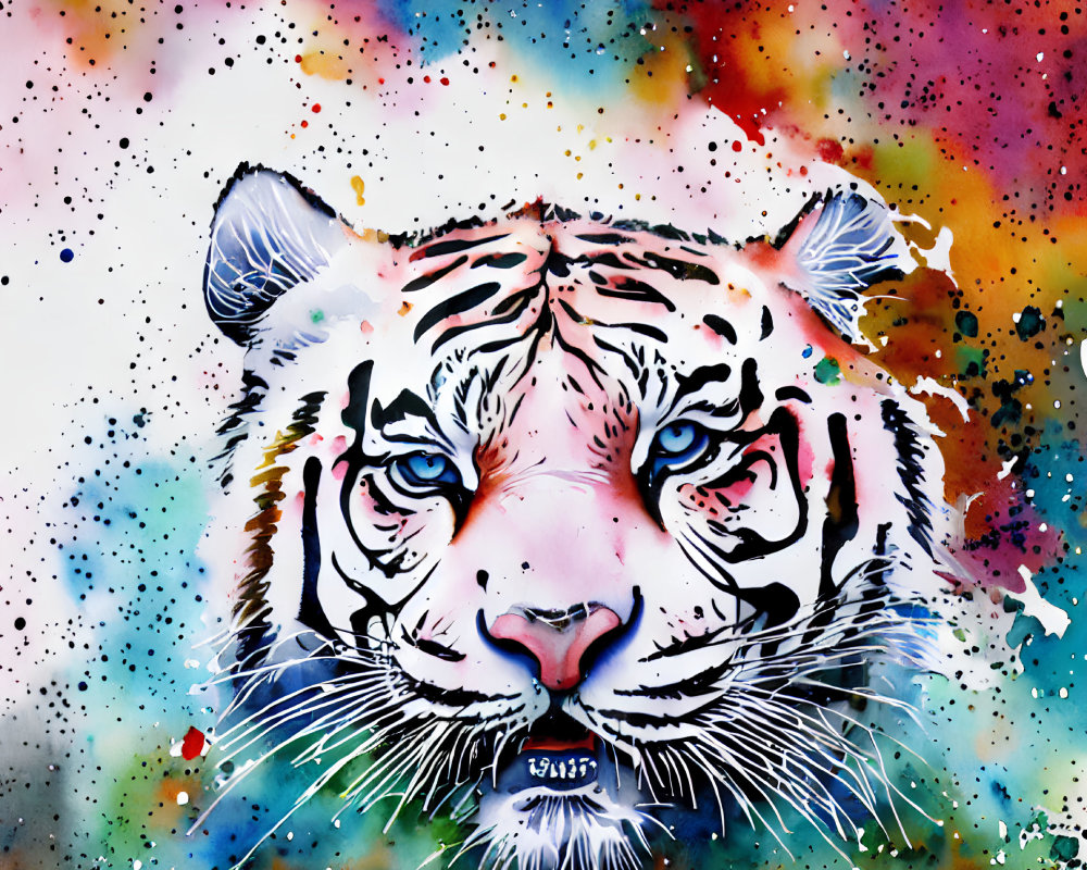 Colorful Tiger Face Watercolor Art on White Background