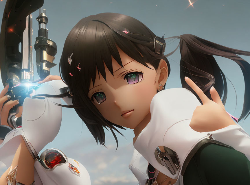 3D animated girl with brown hair and green eyes in white outfit near mechanical device under blue sky