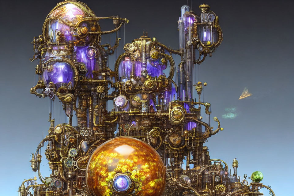 Steampunk contraption with gold and brass fittings and glowing purple orbs against cloudy sky