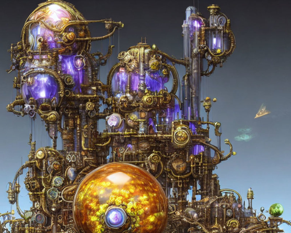 Steampunk contraption with gold and brass fittings and glowing purple orbs against cloudy sky