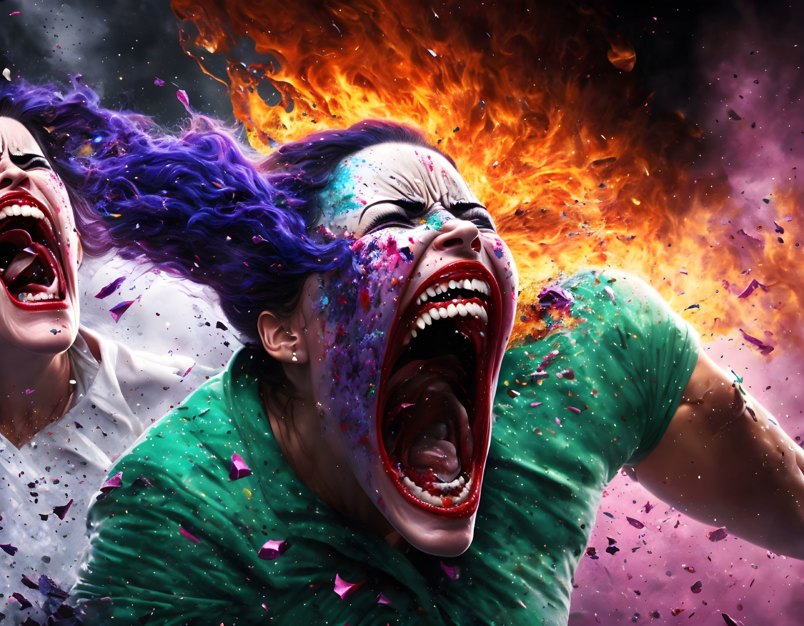 Two Women Screaming with Vibrant Face Paint in Front of Flames and Debris