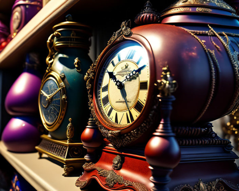 Vintage ornate antique clocks displayed on shelves