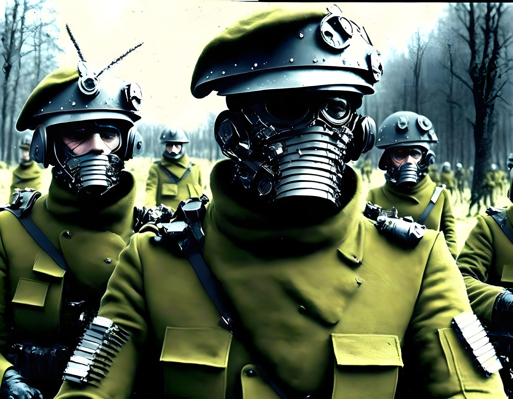 Futuristic armored soldiers in gas masks in misty forest