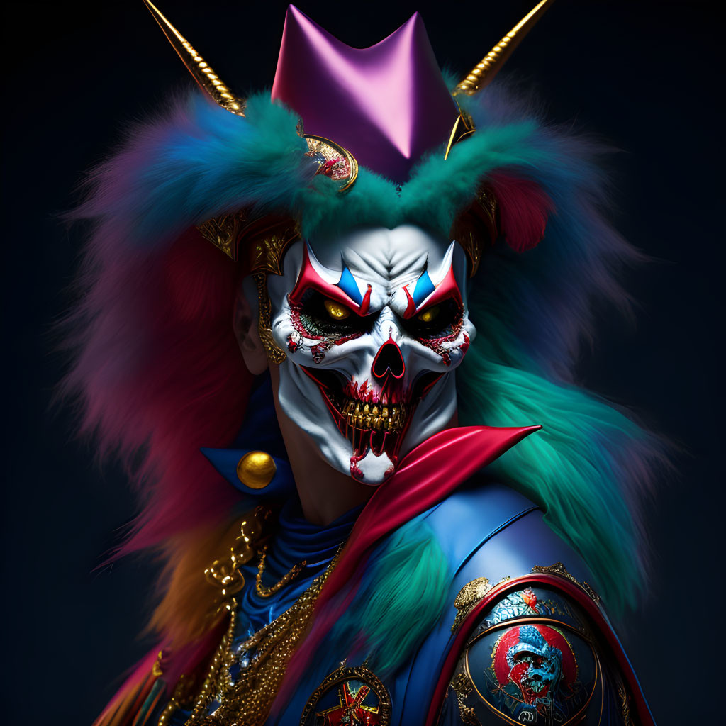 Detailed Digital Artwork: Menacing Clown with Skull Face, Feathers, Horns, & Dragon