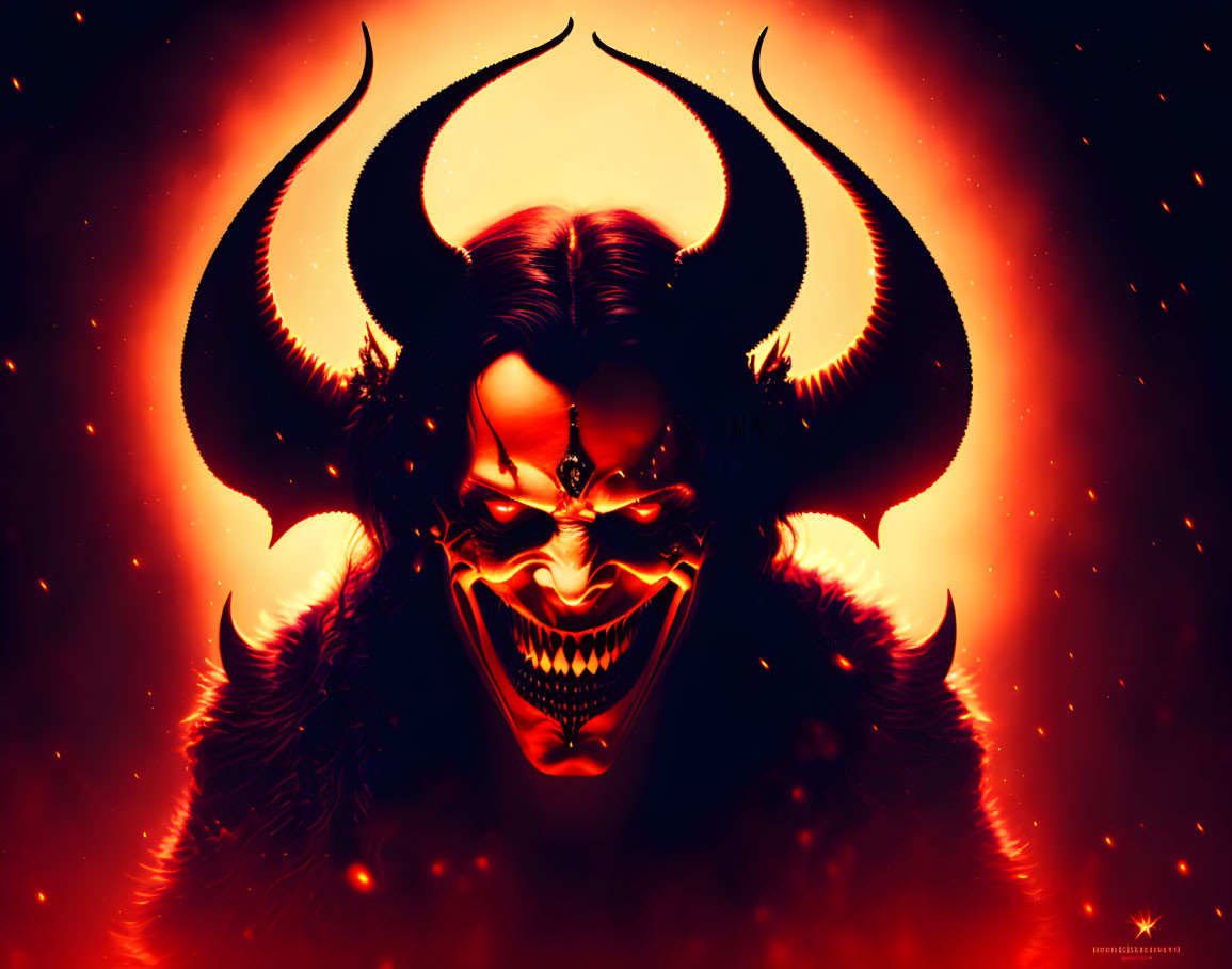 Menacing face with demonic features in fiery digital artwork