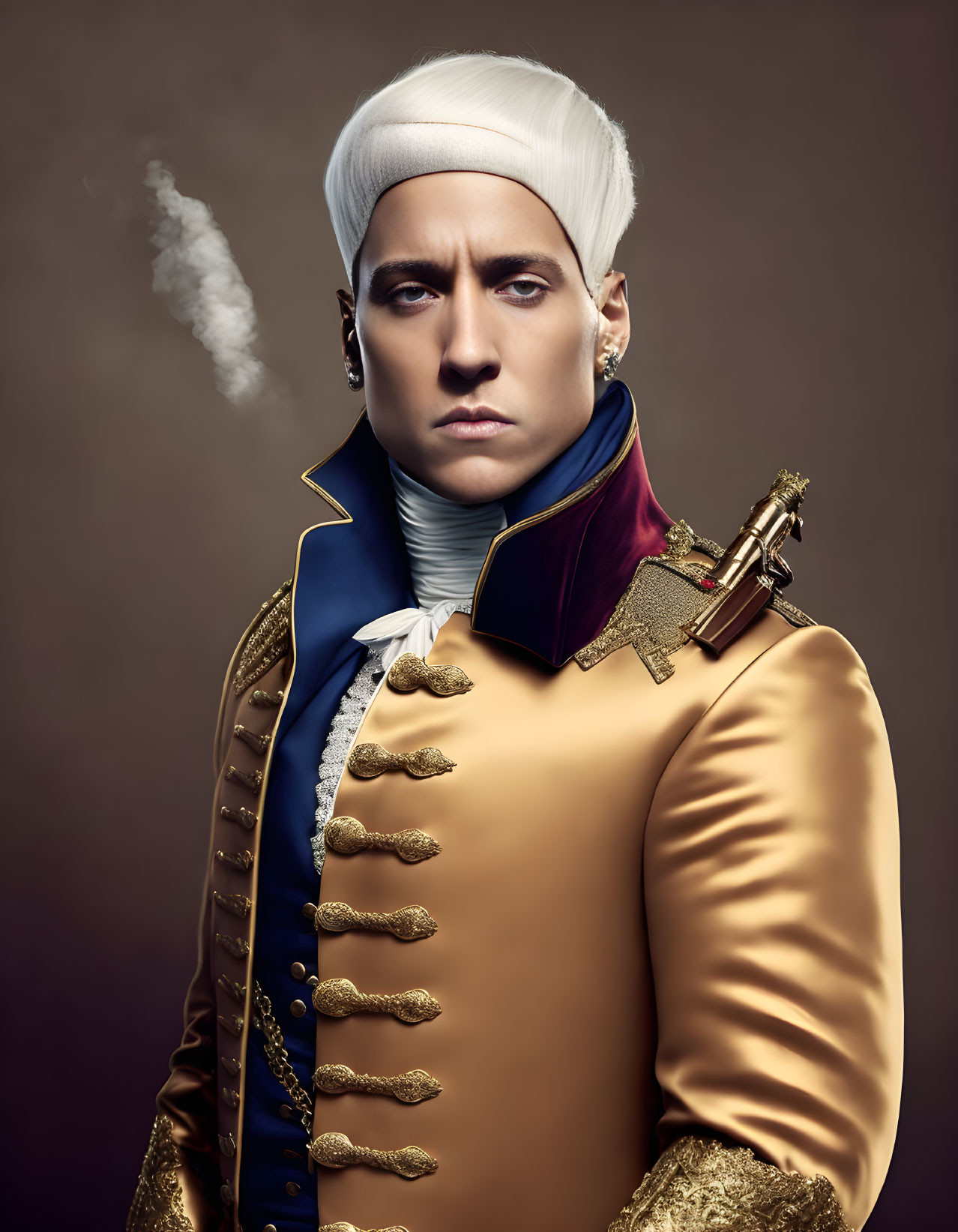 Historical military uniform portrait with intense gaze and smoking pipe