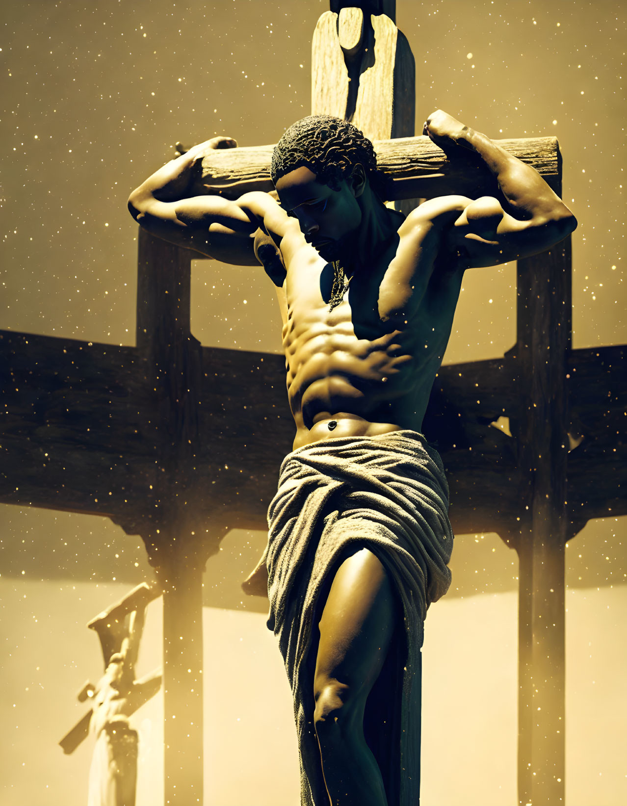 Muscular Jesus on Cross Sculpture with Golden Hue