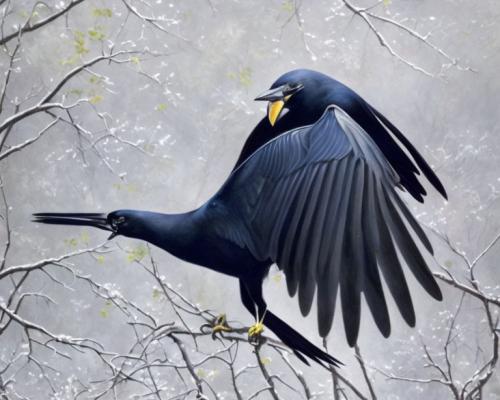 Black bird perched on branch with outstretched wings in nature scene