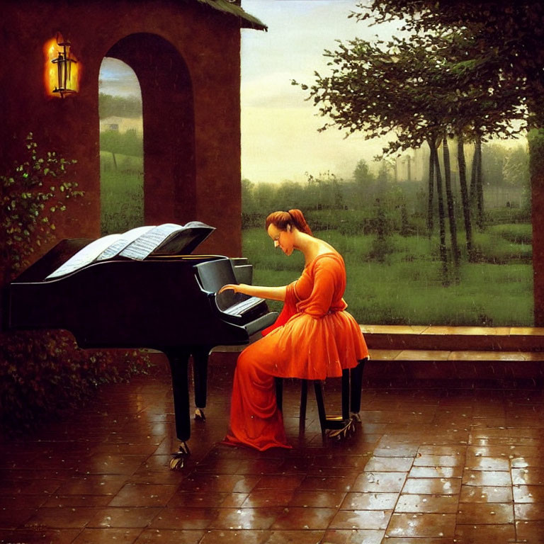 Woman in orange dress plays grand piano in serene outdoor scene with greenery and lantern.