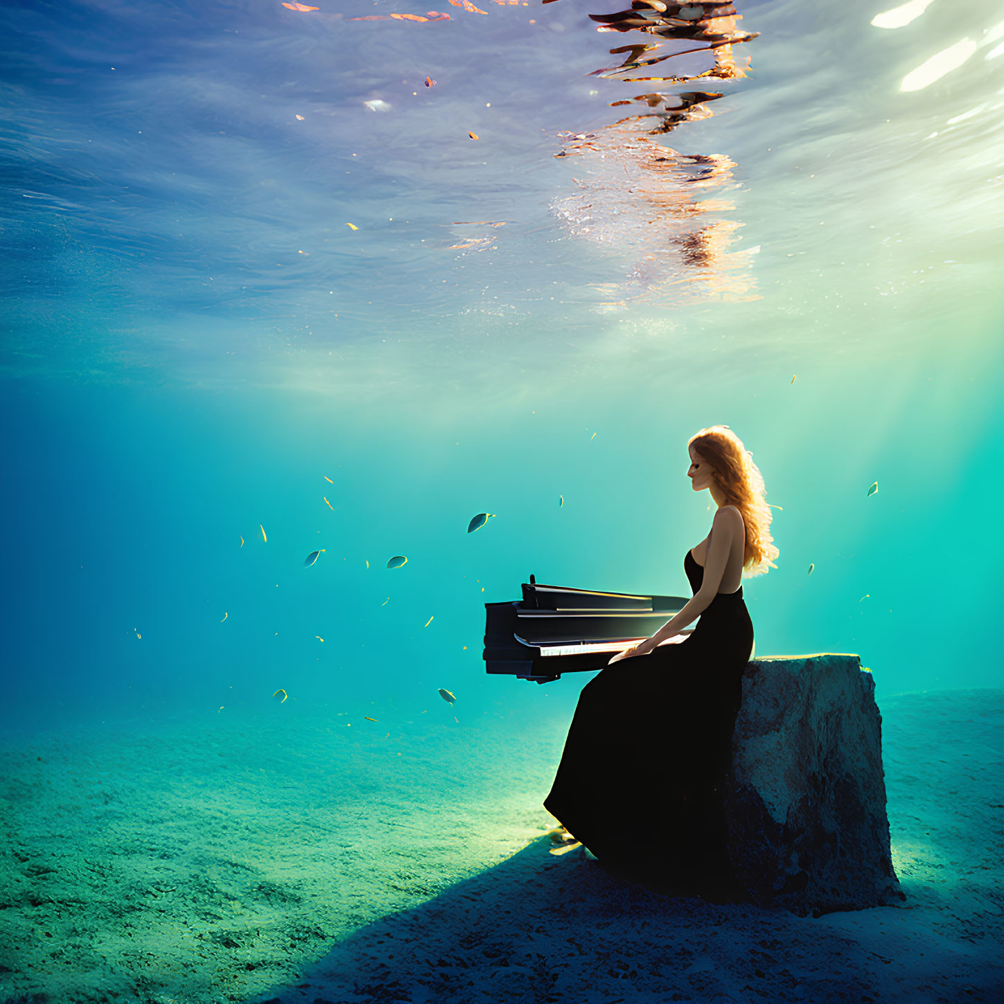 Woman in black dress playing piano underwater with fish and light streams