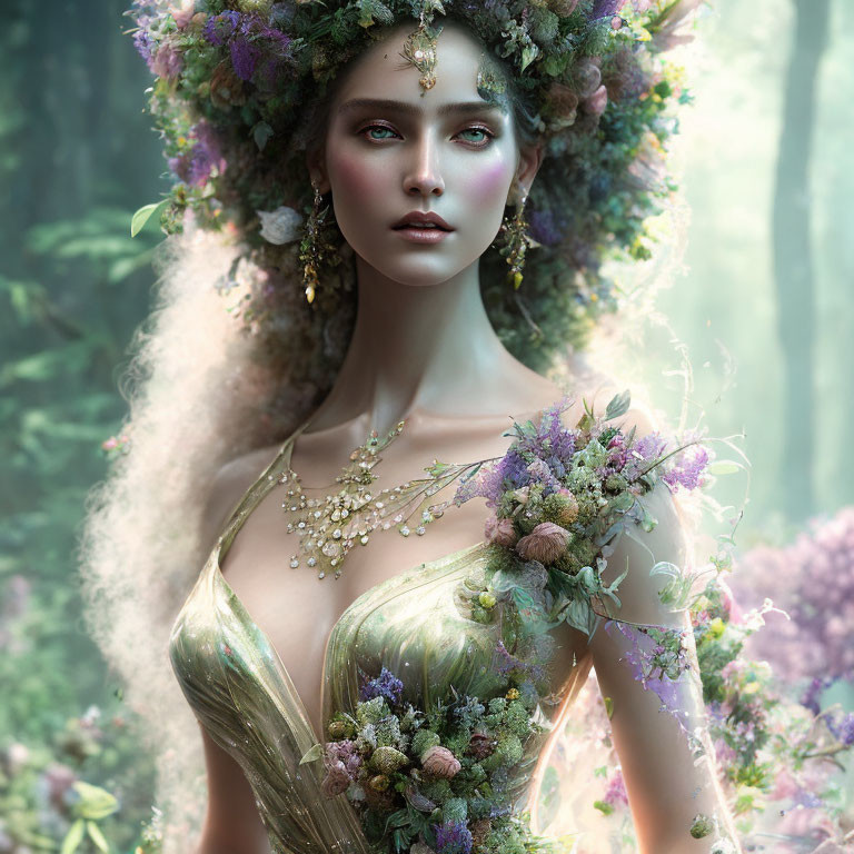 Woman portrait with floral headdress and misty foliage backdrop