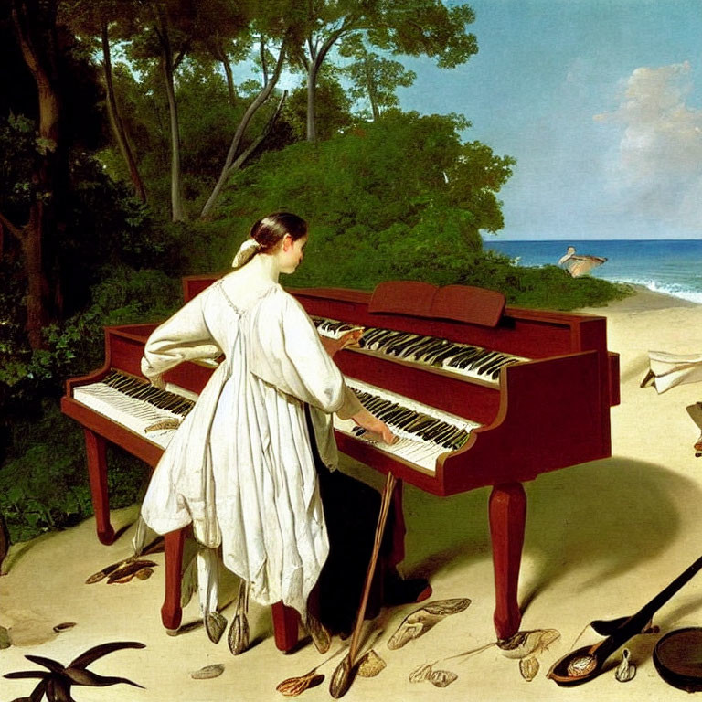 Woman in white dress plays grand piano on beach with trees, sheet music, and bird.