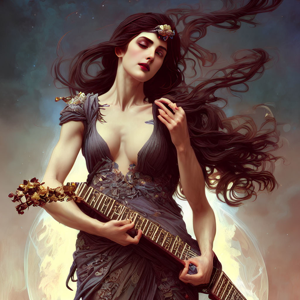 Ethereal woman with dark hair and ornate dress plays stringed instrument against celestial backdrop