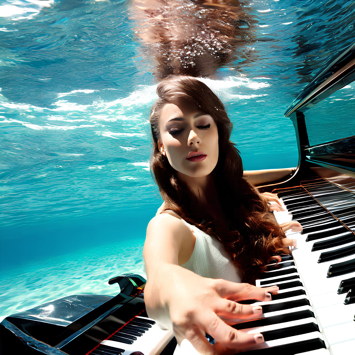 Woman Playing Piano Submerged in Blue Water