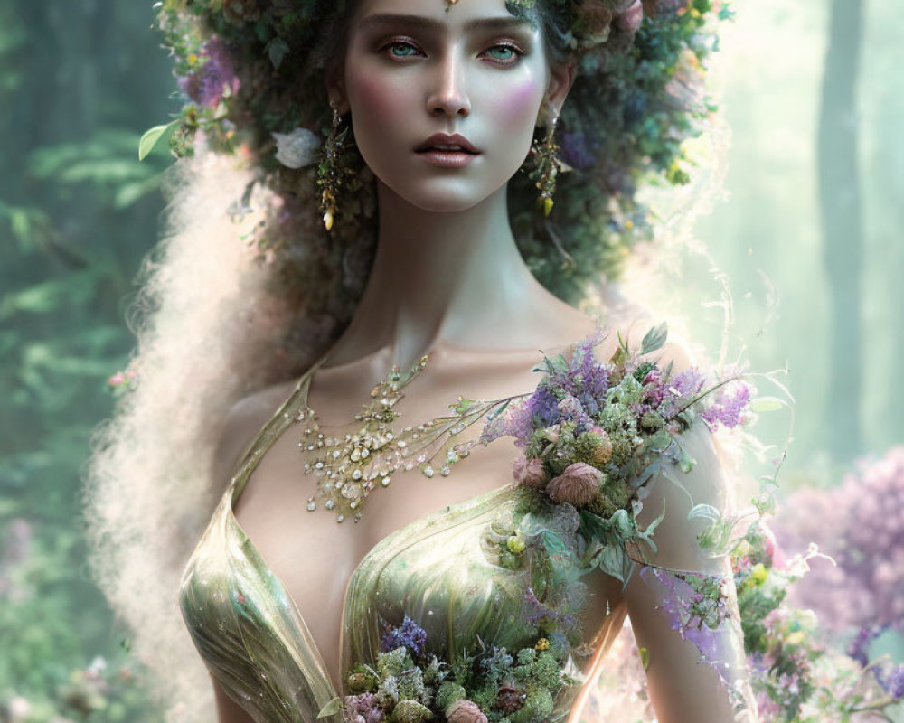 Woman portrait with floral headdress and misty foliage backdrop