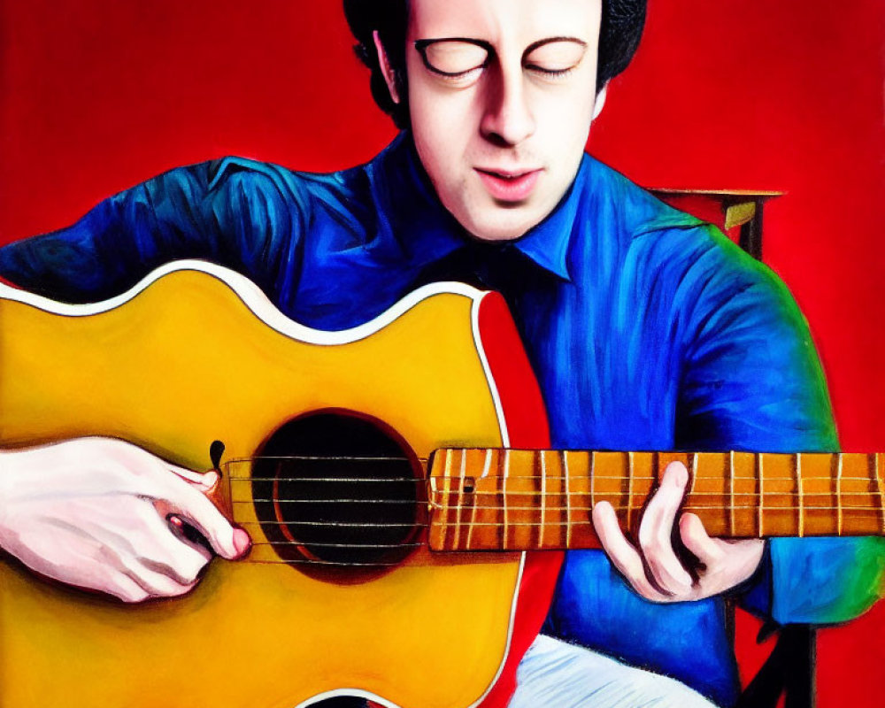 Colorful Painting of Man Playing Acoustic Guitar on Red Background