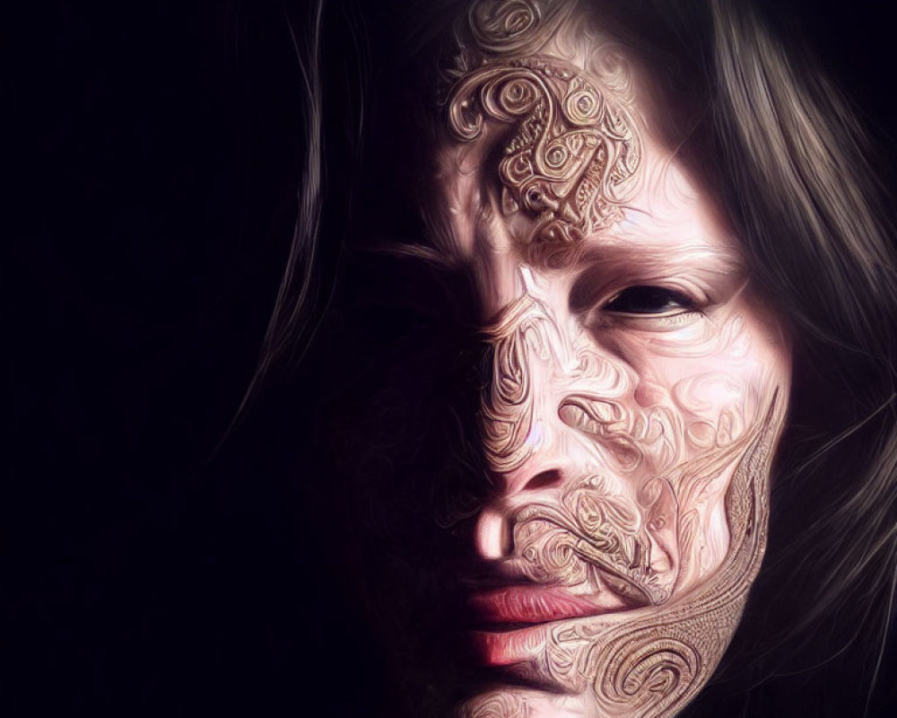 Intricate Tribal Patterns on Woman's Face in Dark Background