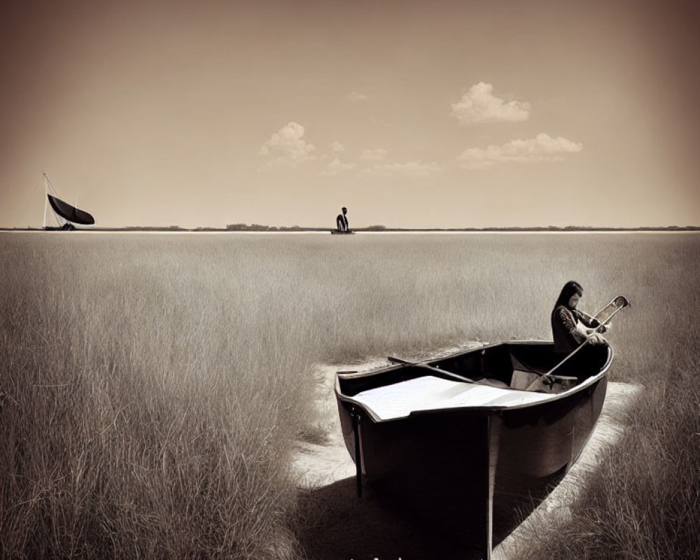 Sepia-Toned Image of Abandoned Rowboat in Grass Field