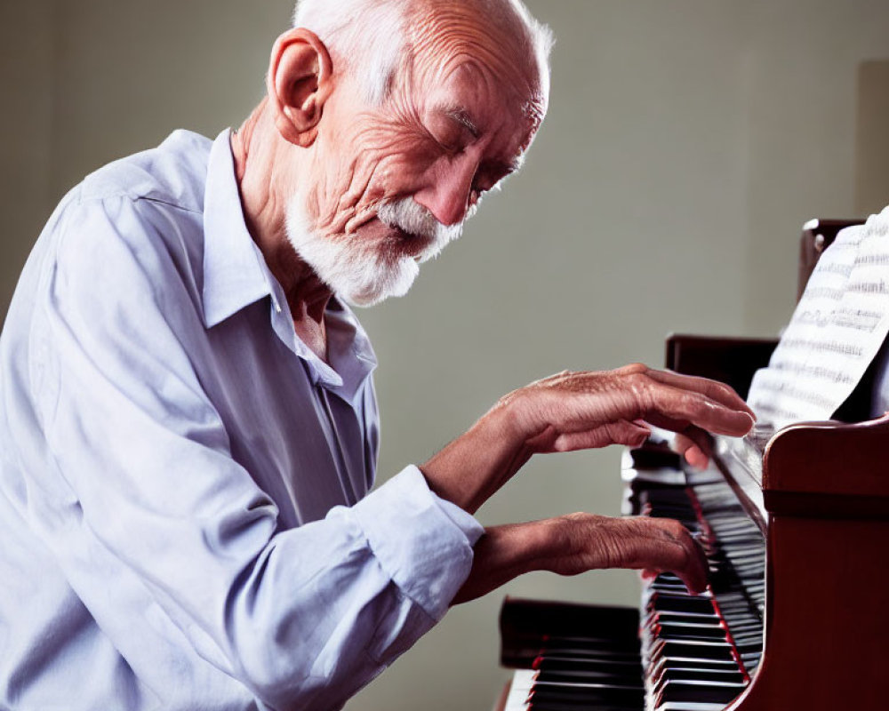 Elderly Man with White Beard Playing Piano Concentrated on Sheet Music
