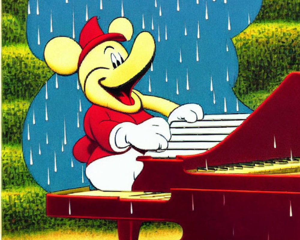 Cartoon character playing red grand piano outdoors in rain with green background.