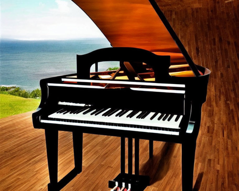 Grand Piano by Panoramic Sea View Window on Wooden Floors