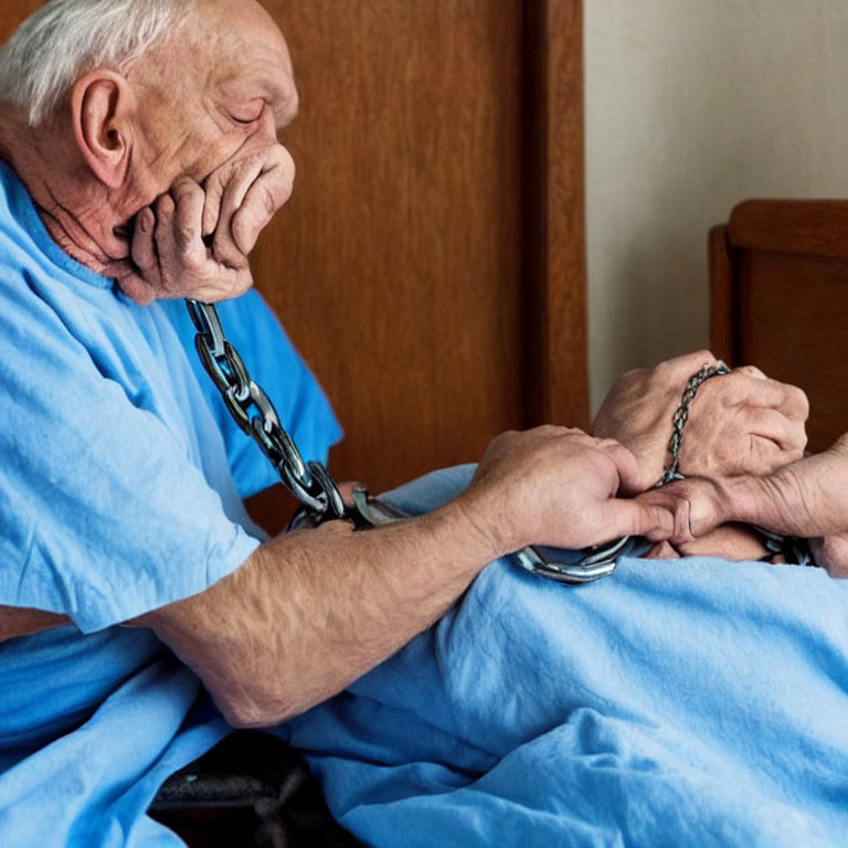 Elderly person in blue outfit handcuffed, sitting on bed distressed