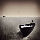 Sepia-Toned Image of Abandoned Rowboat in Grass Field
