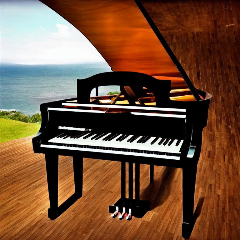 Grand Piano by Panoramic Sea View Window on Wooden Floors